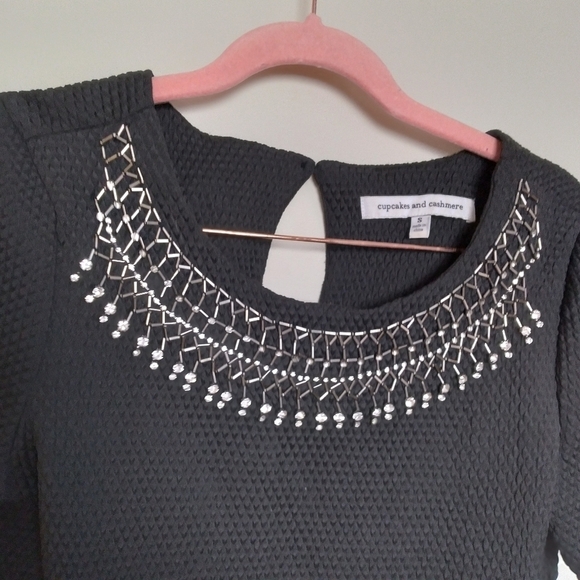 Cupcakes and Cashmere Black Madora Jeweled Neckline Waffle Knit Dress Size Small - Picture 6 of 12